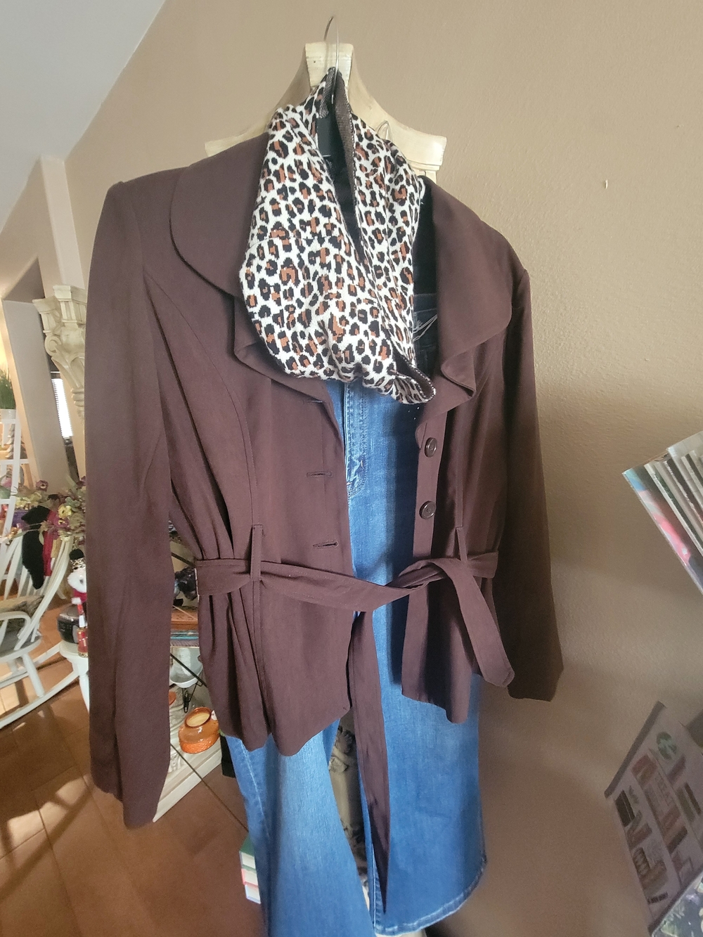 Laura Scott Chocolate Brown Belted Blazer with Notched Collar